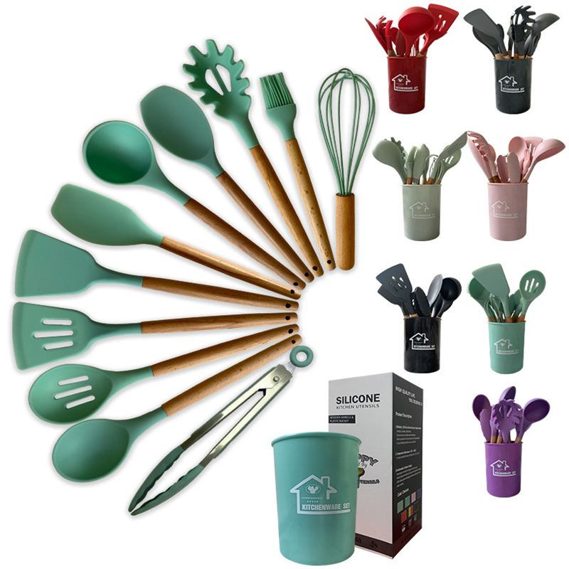 Cooking Tools 11pcs with Storage Bucket Silicone Home Kitchen Cooking Utensil Set with Wooden Handle