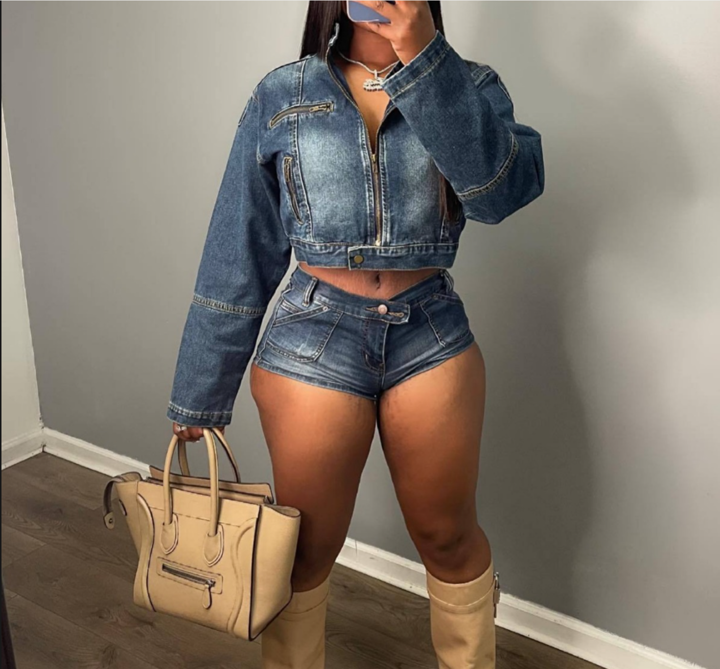 New Fashion Casual Elastic Denim Two-piece Set for Women's Clothing