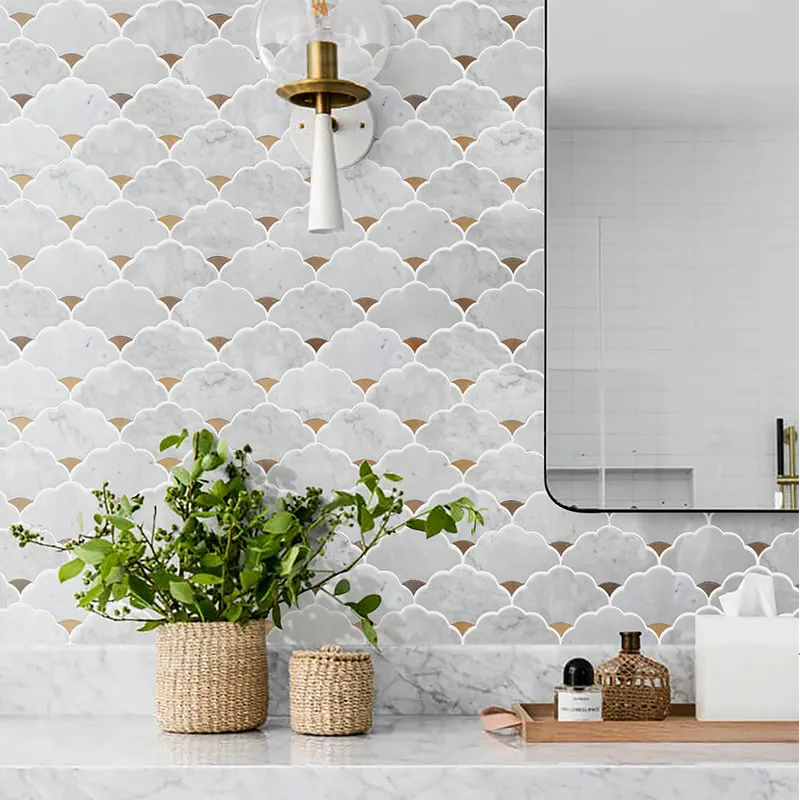 High Quality White Kitchen Backsplash Brass Marble  Fan Shape Mosaic Tile Wall Flooring
