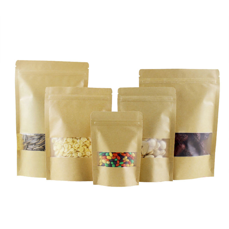 kraft paper stand up pouch zipper bag with clear or frosted window