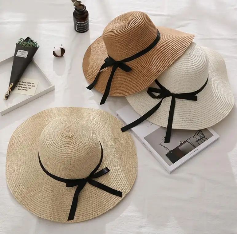 Wholesale Women Female Sunproof 100% Paper Foldable Floppy Sun Hats For Lady Summer Bowknot Ribbon Beach Straw Hat