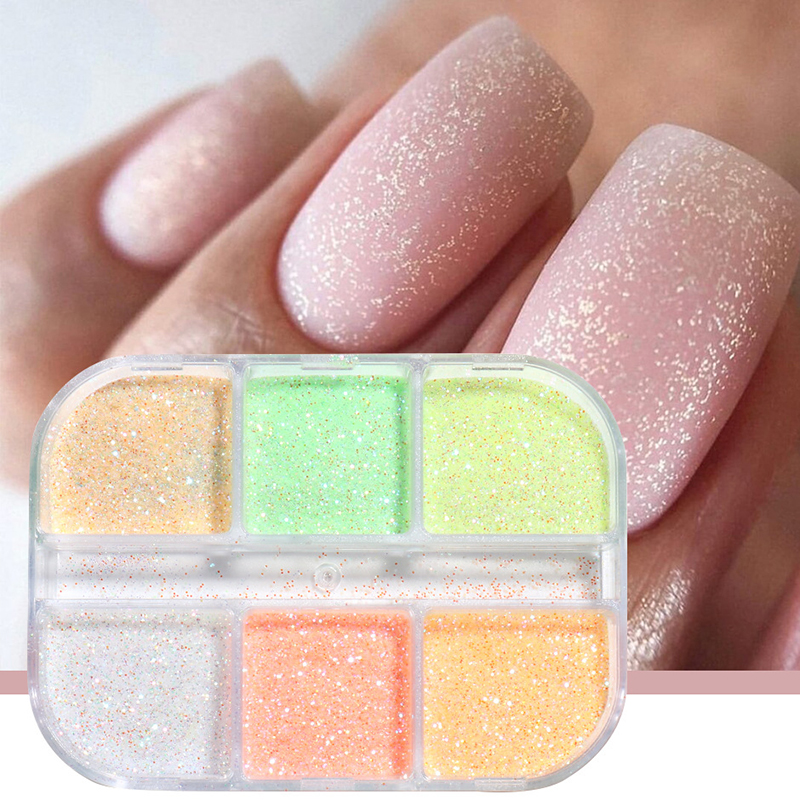 Wholesale custom logo New 6 Grid/Box Symphony Luminous Sugar Laser Irregular Neon Nail Glitter Powder