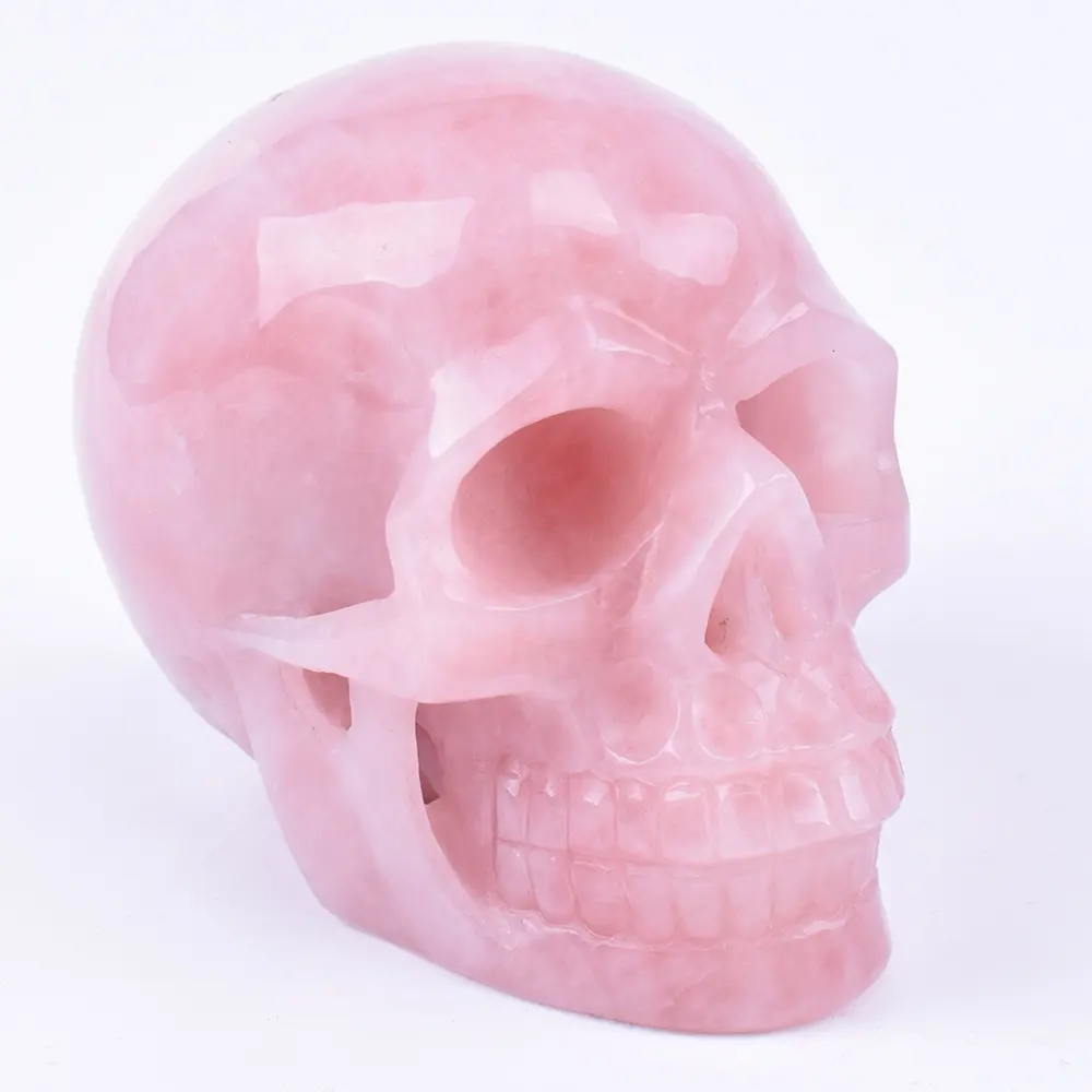 Hand Carved Realistic Natural Healing Stone Rose Quartz Crystal Skull
