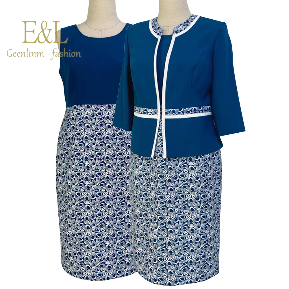 long sleeves knees length women plus size office dresses 2pcs suit african elegant dress suits