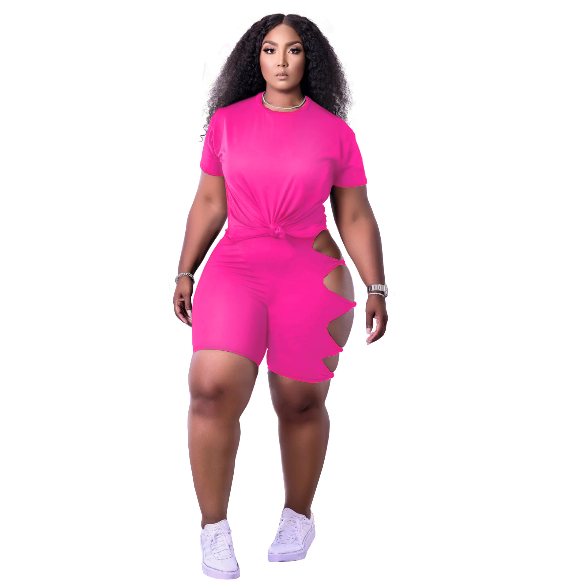 Amazon hot sale Summer new large size ripped strap fashion casual set Two-piece set