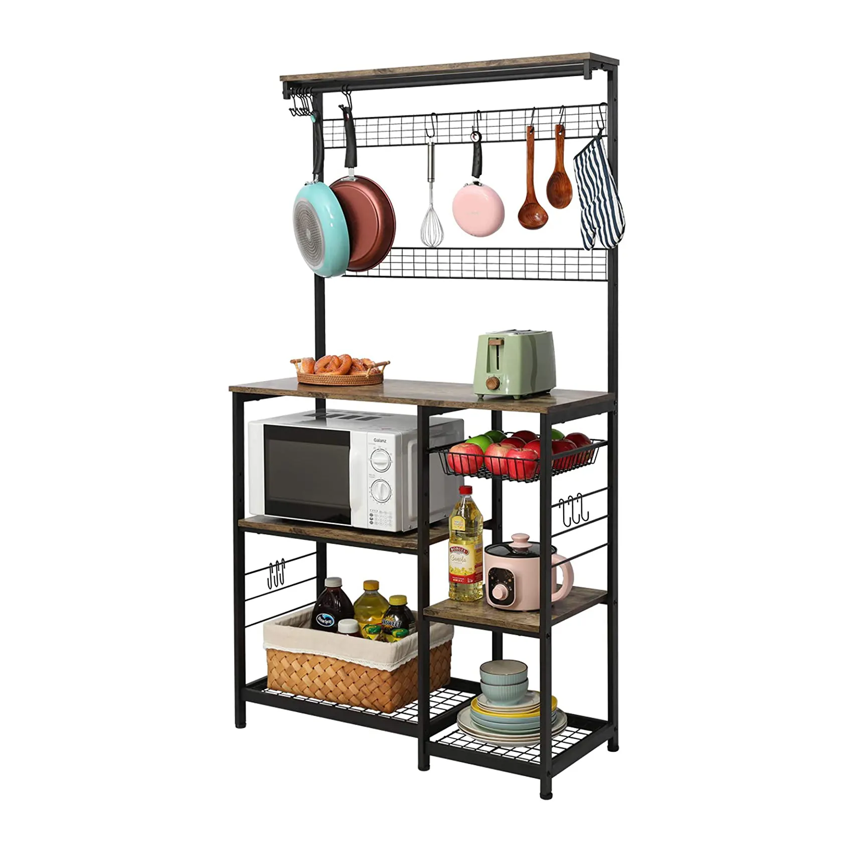 Kitchen Baker's Rack  68inch Microwave Stand with Pull-Out Wire Basket 23 Hooks 7 Tier Utility