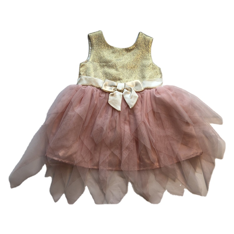 INS hot baby girls party dress gold woven fabric top 4 layers of tulle skirt good design