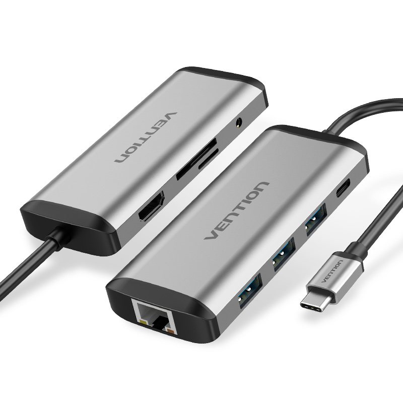 Многофункциональная док-станция типа C для HDMI/USB3.0 * 3/TF/SD/RJ45/3,5 мм/PD, 0,15 м, серого цвета, металлический