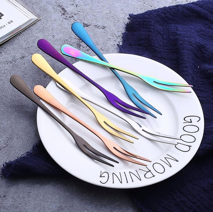 07 Mini Metallic Colorful Cutlery Cake Dessert Snack Tableware Tea Forks Stainless Steel Fruit Eating Fork