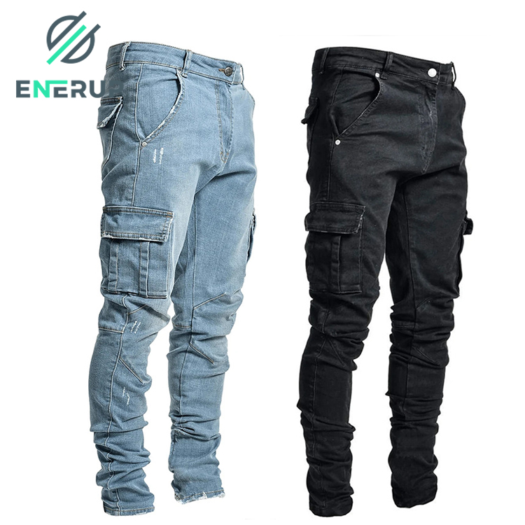 Enerup OEM/ODM Fashion Hombre Mujer Multi Pocket Casual Pencil Cotton Straight-leg Men's Trousers Pants Jeans