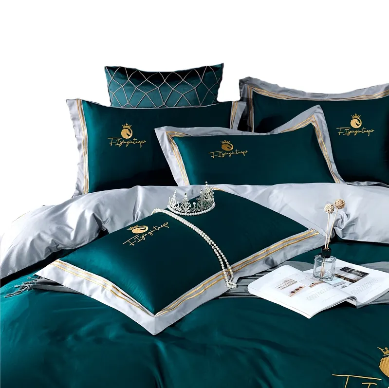 Luxury hotel custom 60s cotton bed linen Queen King size embroidery Silky bedding set bed sheet duvet cover set pillowcase