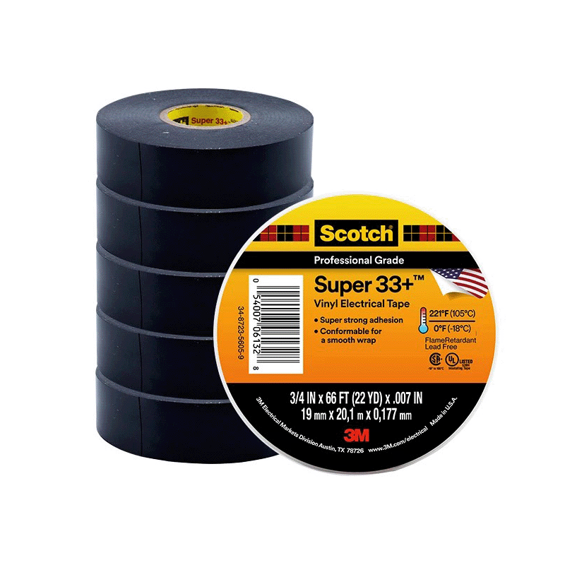 Vinyl Electrical Tape 3M Super 33+ Flame Retardant Professional Grade PVC Rubber Insulation 33 Black #33 for Wires Cables