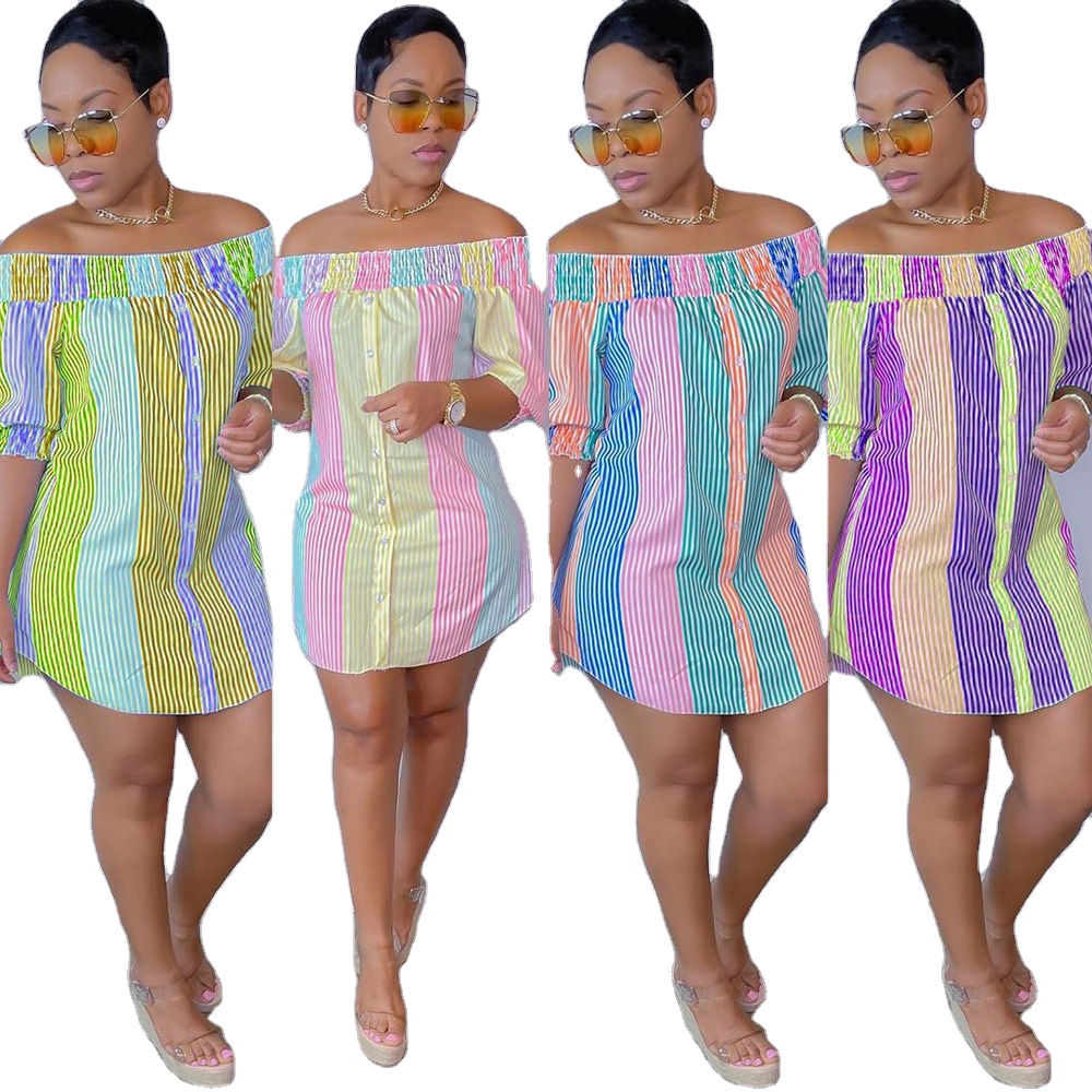 2021 Plus Size Women's T-Shirts short sleeves off shoulder irregular plus size ladies stripe shirt dress