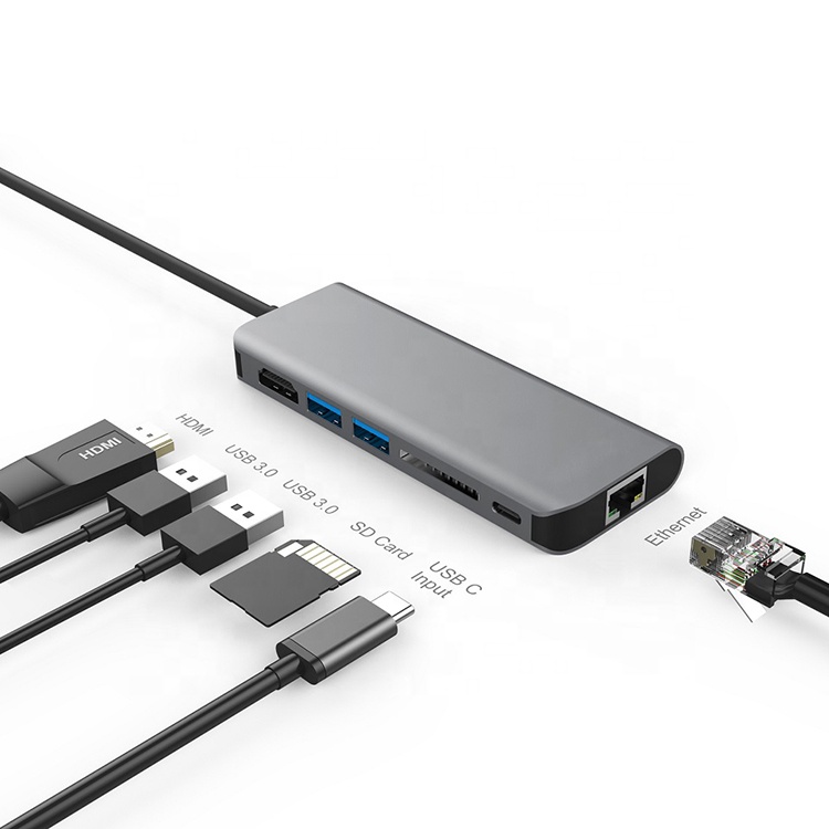 6 в 1 USB C концентратор, Тип C концентратор адаптер с HD MI USB 3,0 Тип c к RJ45 конвертер док-станция для ноутбука