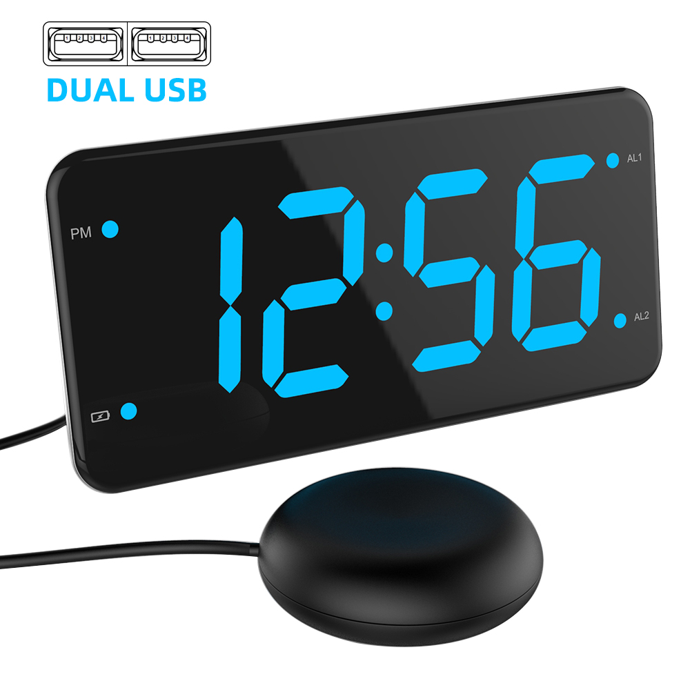 Large LED Alarm Clock with Bed Shaker, Loud Vibrating Desk Clock , Dual Charger LED Digital Desk Clock