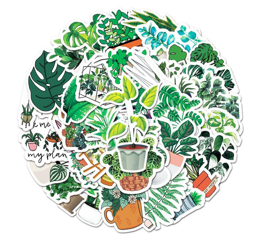 50pcs/pack cartoon green plant grass Green potted plants sticker kit for kids Skateboard Graffiti Stickers