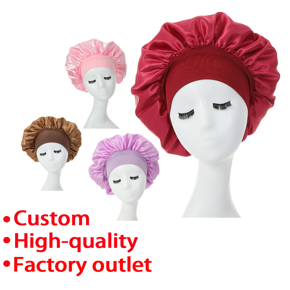 New High Quality Custom Women's Satin Solid Sleeping Shower Cap Hair Care Bonnet Nightcap Hair Bonnet Hat Silk Head Cover Wide