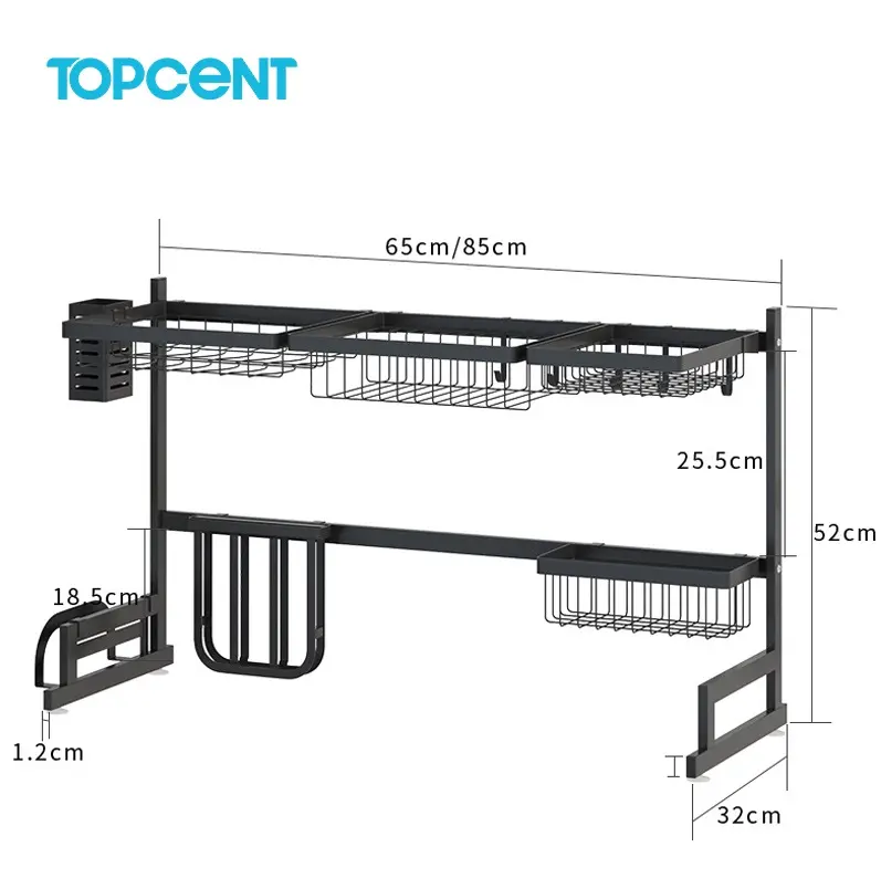 Topcent Multifunctional 2 tier Stainless Steel Dish Rack Drainer Dish Drying Rack With Utensils Holder For Kitchen Sink