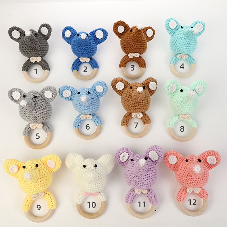 Wholesale 12 colors cute crochet elephant rattle baby wooden rattles sensory toys