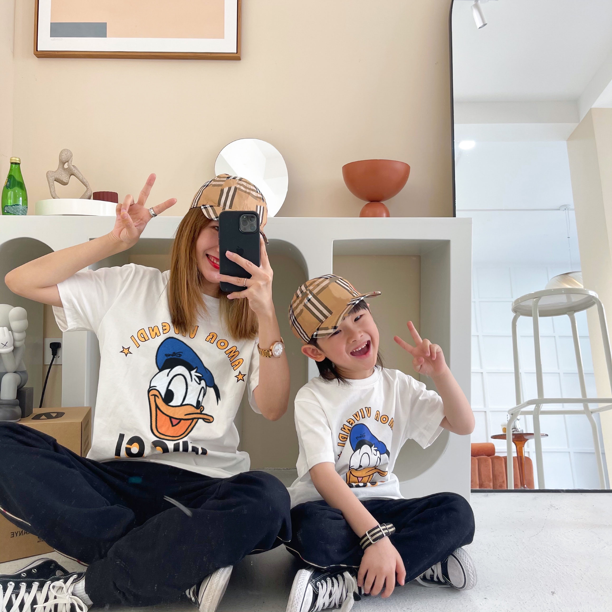 Summer 2021 hot style Cotton Round Collar t-shirt kids Cartoon Duck Top Skirt Short Sleeve Clothing Parent-child clothing