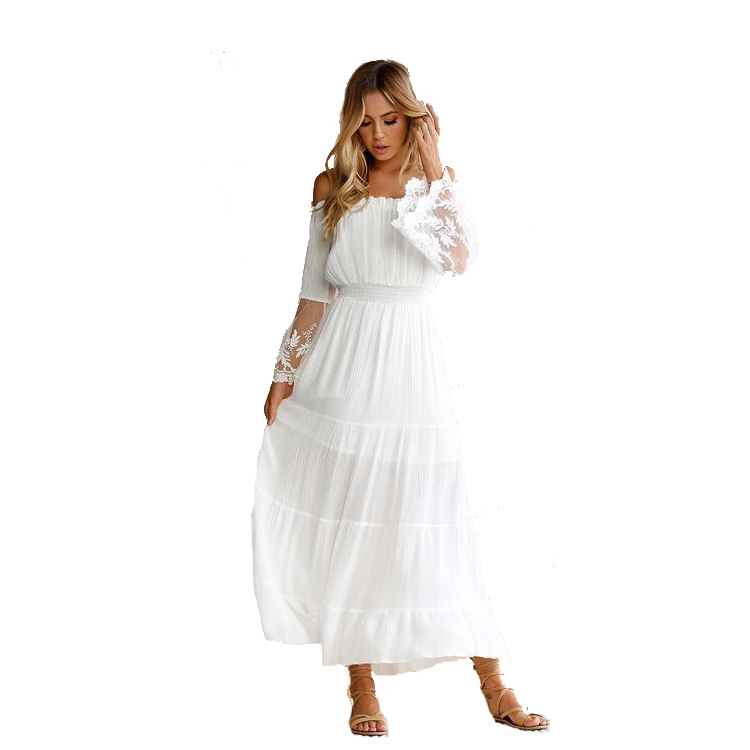 Elegant Beauty Lace Patchwork Chiffon Off The Shoulder White Straight Prom Dresses For Ladies