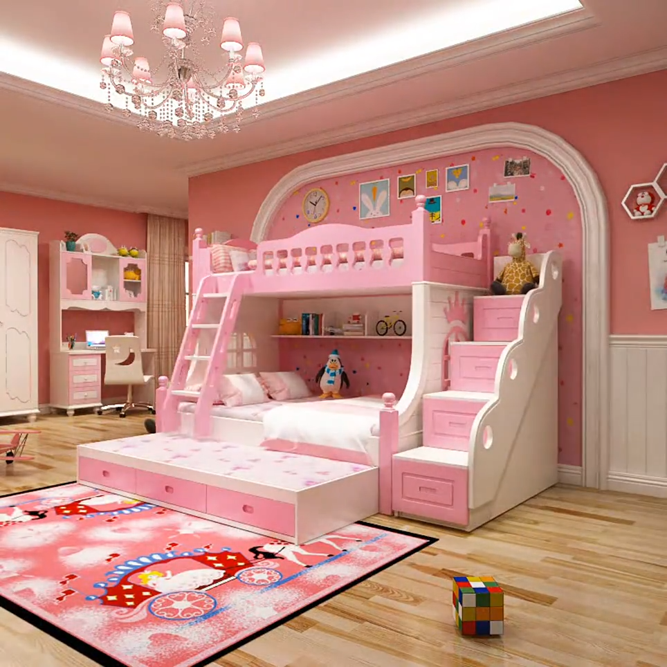 Factory cheap cute children bunk bed with ladder for furniture a bed for a children's room