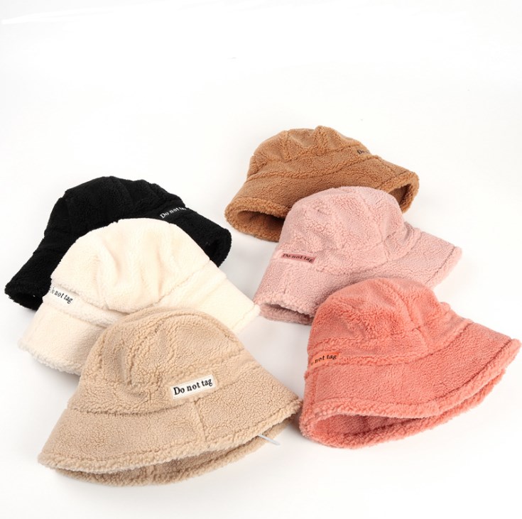 All-match Solid Color Fisherman Hat Winter Thick Letter Embroidery Lamb Wool Warm Women Winter Bucket Hats