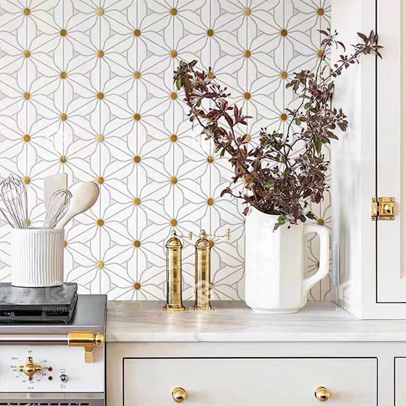 White And Gold Flower Bathroom Wall Floor Mosaic Tile Kitchen Backsplash Waterjet Marble Mosaic
