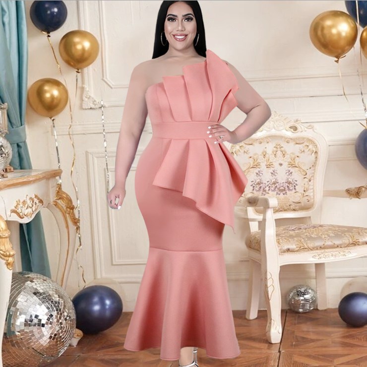 AM210622 Wholesale Customization Sexy One Shoulder Backless Ruffle Evening Dresses Large Size Party Dress Women