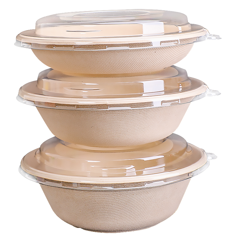 Возьмите переработанные материалы Bagasse мякоть Круглый Чаша с ПЭТ/PLA/PP крышкой