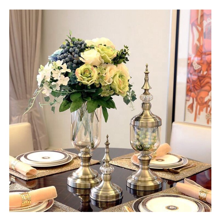 Decorative Artificial Flower Plant Vase Home Decor European Style Gold Decoration Glass Crystal Vase For Flowers