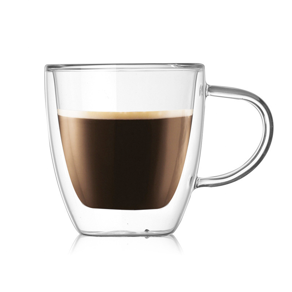 Double Wall Insulated Clear Glass Coffee Tea Mug And Saucer,Espresso Mugs Latte Mug ,Glass Cappuccino Cups With Handle