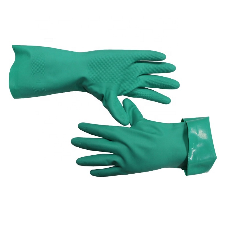 Unlined Green Rubber Acid Proof Hand Nitrile Gloves For Chemical Industrial EN388 4101