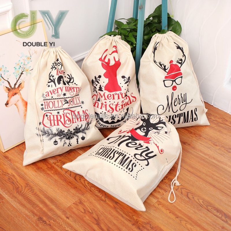 New large printed linen backpack beam mouth Christmas gift/candy /apple bag decoration