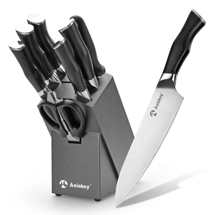 Yangjiang Wood Holder 8 pieces Multi Functional Kitchen Food Cutting Stainless Steel Cutlery Knife Set