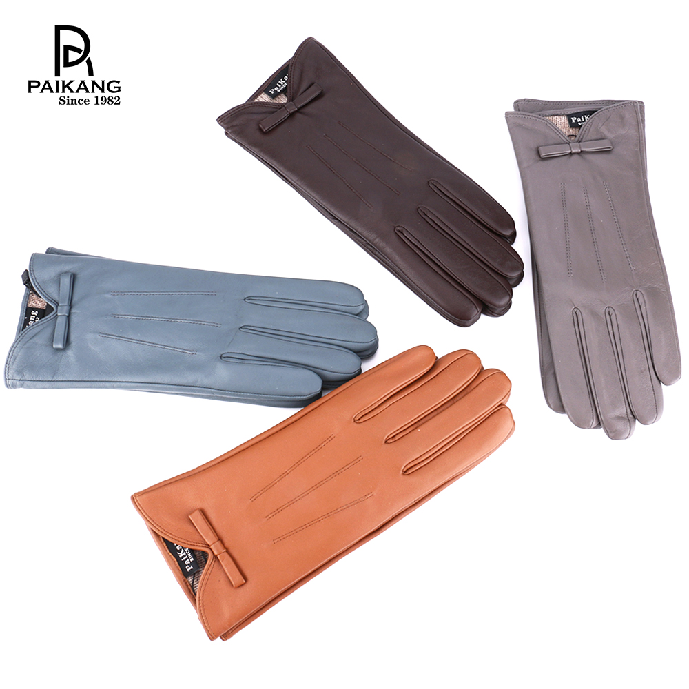 Wholesale Various Colors Fashion Women Bow Cuff Brown Leather Gloves