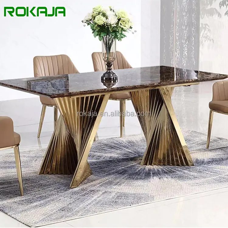Creative Dining Table And Chairs Set Gold stainless steel Household Wedding Rectangular Retro Vein Marble Dinning Table Set