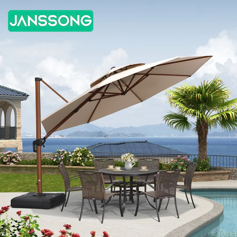 Garden Teak UV-resistant Umbrella Outdoor Sun-resistant Sturdy Umbrella with Base for Hotels Villas Courtyards Parks