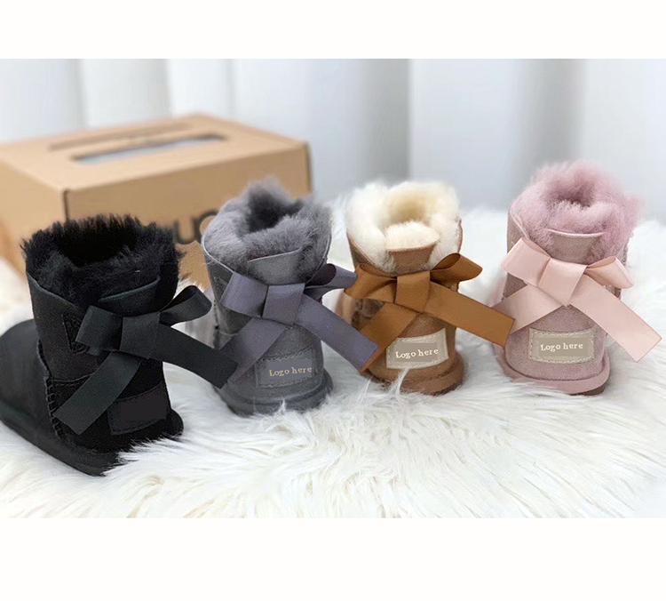 Children Lovely Beautiful Single bow women sheepskin snow boots with real wool lining warm snow shoes