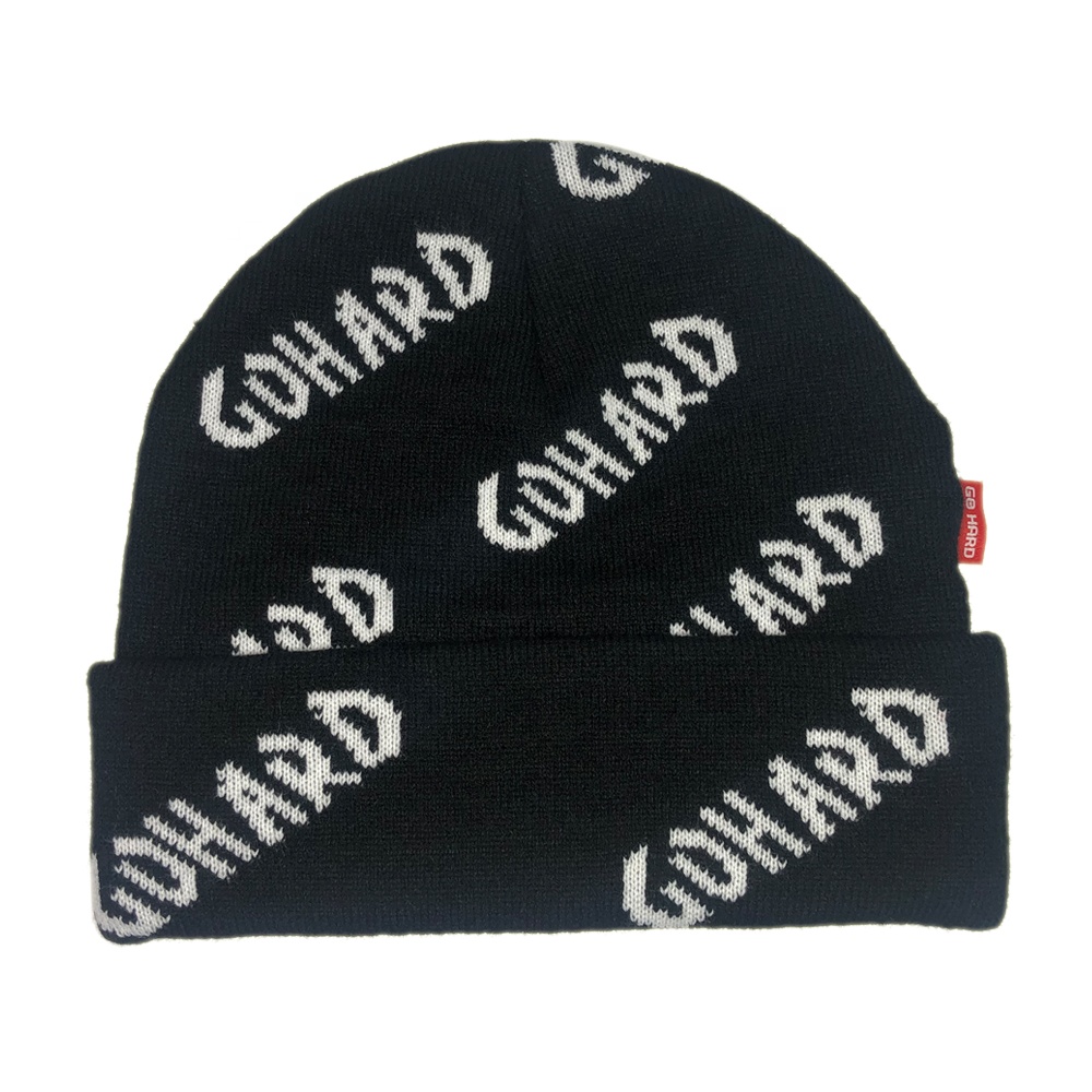 OEM fashion black winter knit beanie custom all over print with full jacquard embroidered logo hat