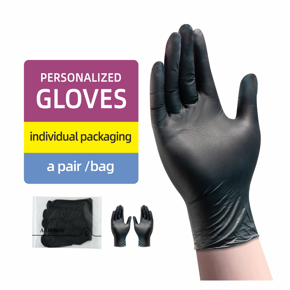 ANBOSON 4Mil 5Mil 6Mil Personalizados De Fabrica Sin Latex Sin Polvo Guantes De Nitrilo Negros Desechables Gloves Nitrile