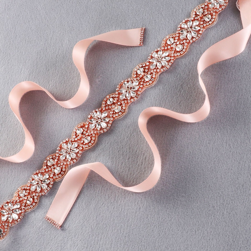 Wholesale Rose Gold Pearl Beads Rhinestone Wedding Flower Applique Belt Boho Bridal Sash Belt for Formal Dress