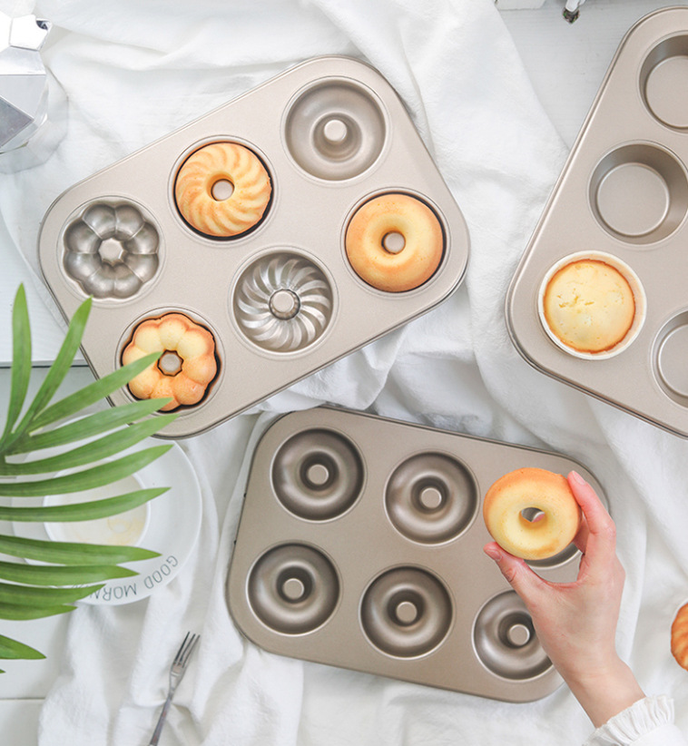 2 pieces 6 cavities non-stick baking mold set carbon steel flower donut mold cake mold