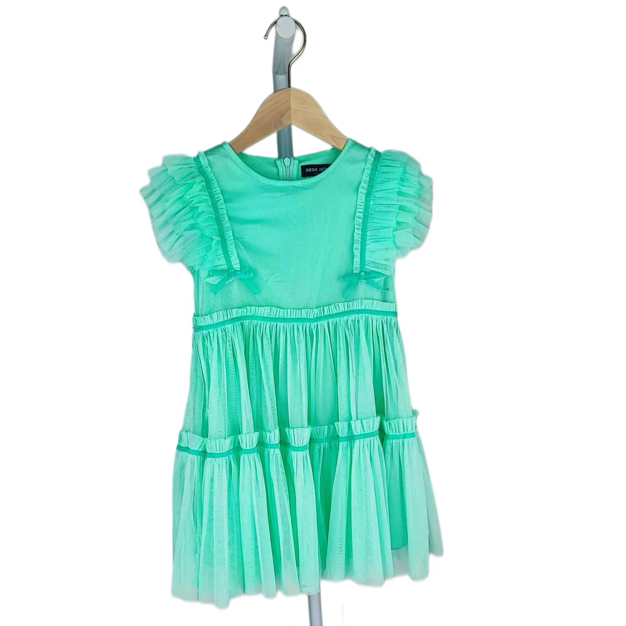 OEM Customized Fall high quality polyester  tulle ruffle sleeve velvet ribbon bow jersey lined girls party dress