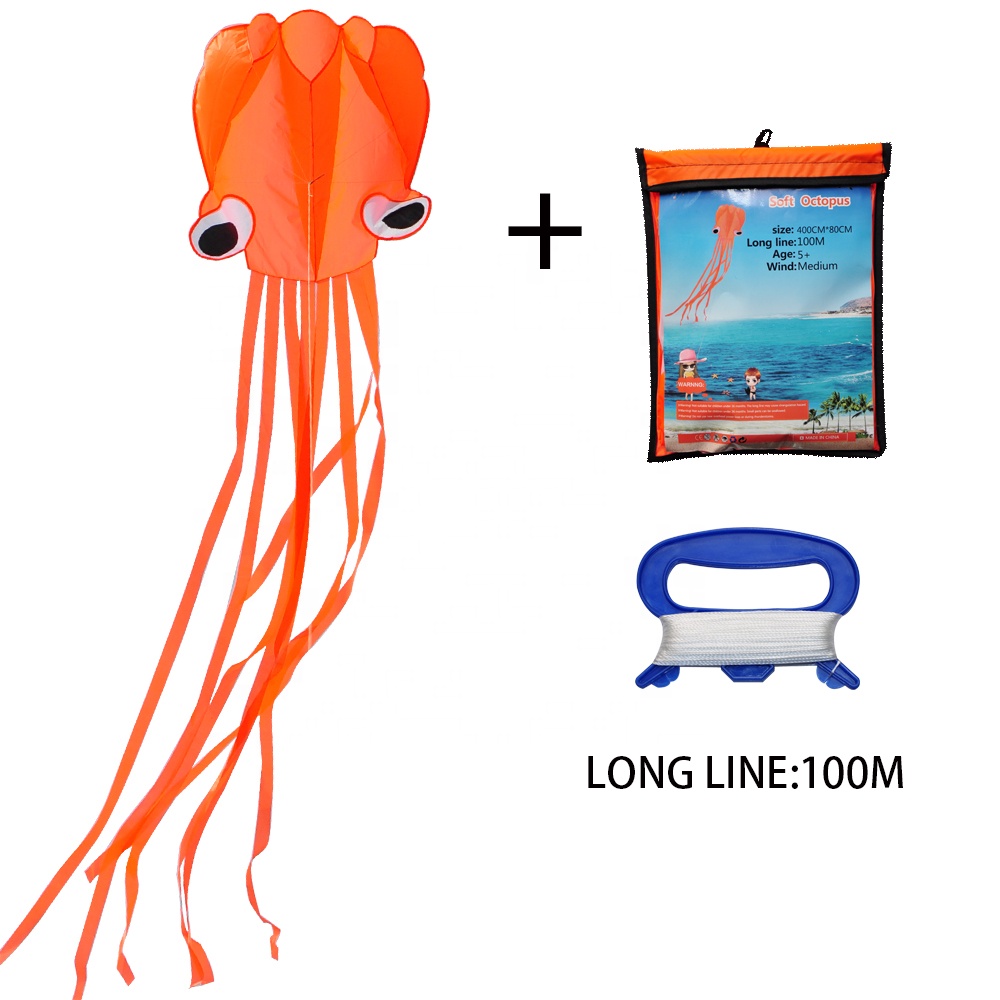 Cusom made single line orange color easy flying 3d 4m octopus kites for kids