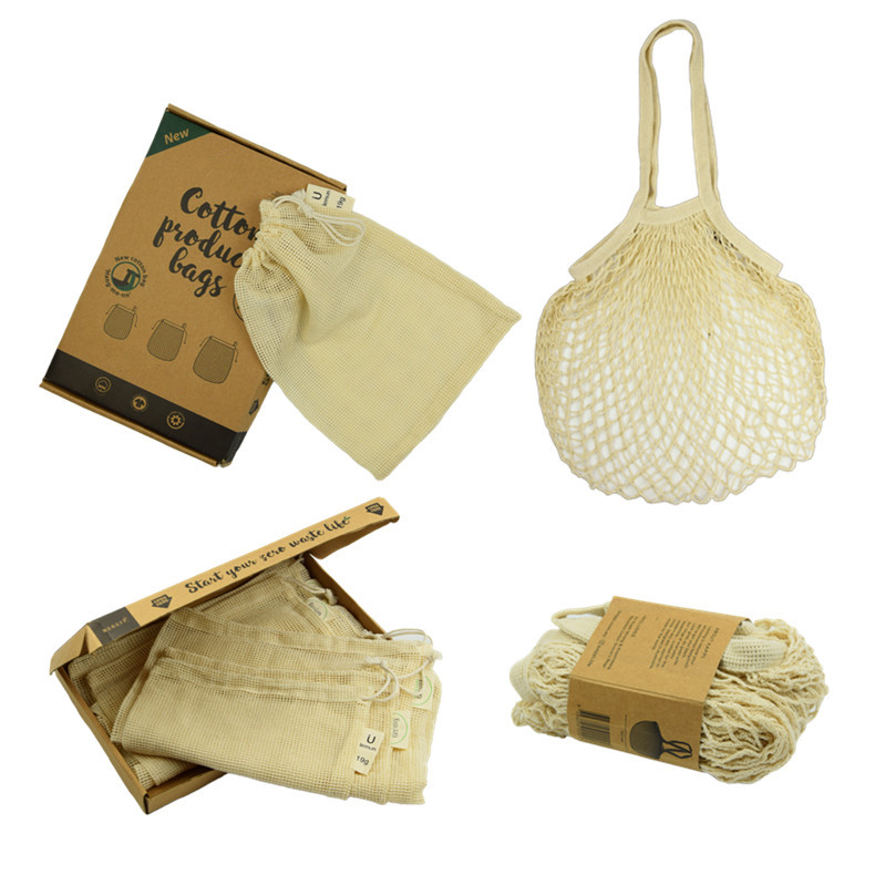 Этикетка Многоразовые продукты Drawstring GOTS Tote органические продукты хлопок сетки мешки
