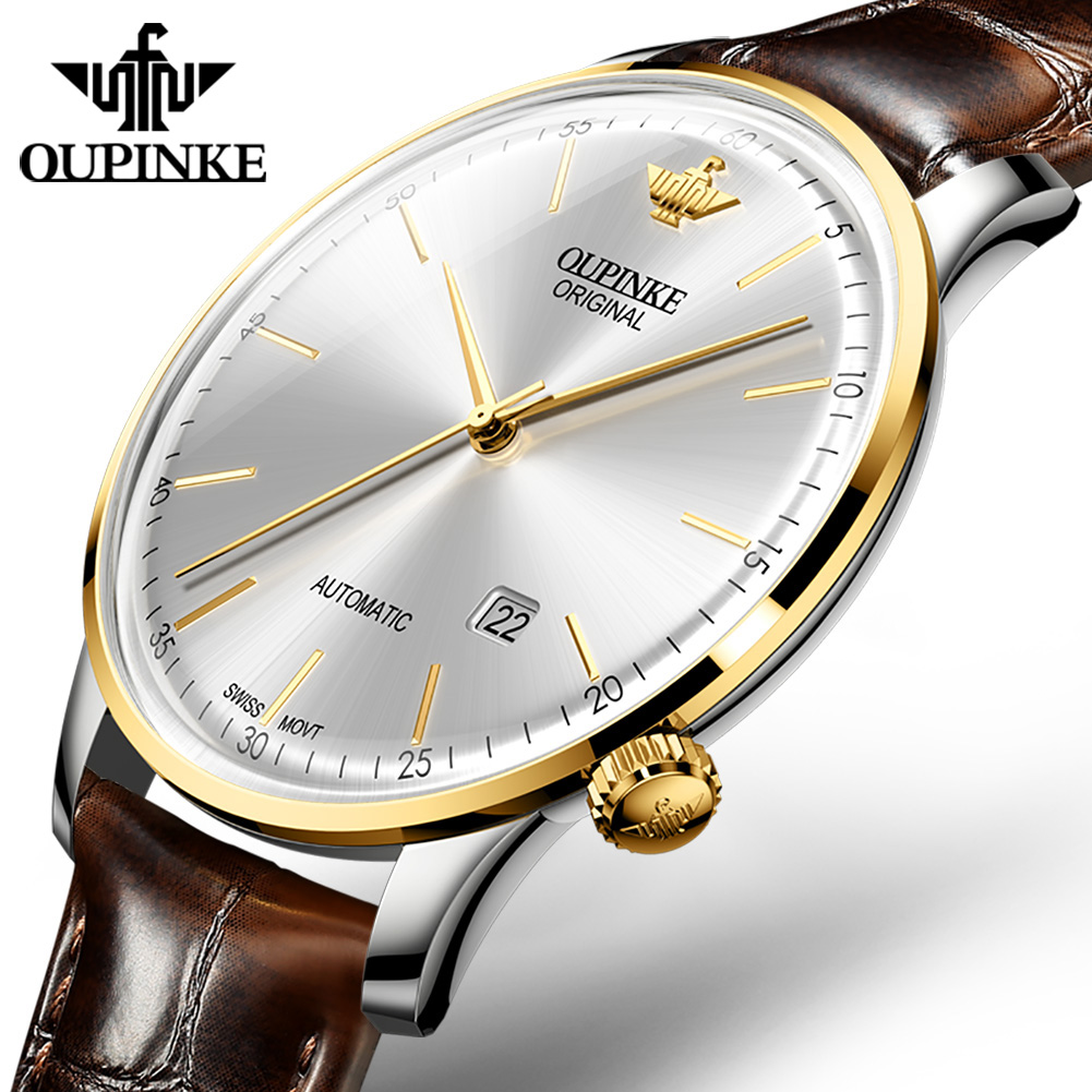 Oupinke-Men для Luxury Ultra Thin Watch, Automatic, Mechanical, Slim с Date, Brand, leather Wristwatch, Original, 3269