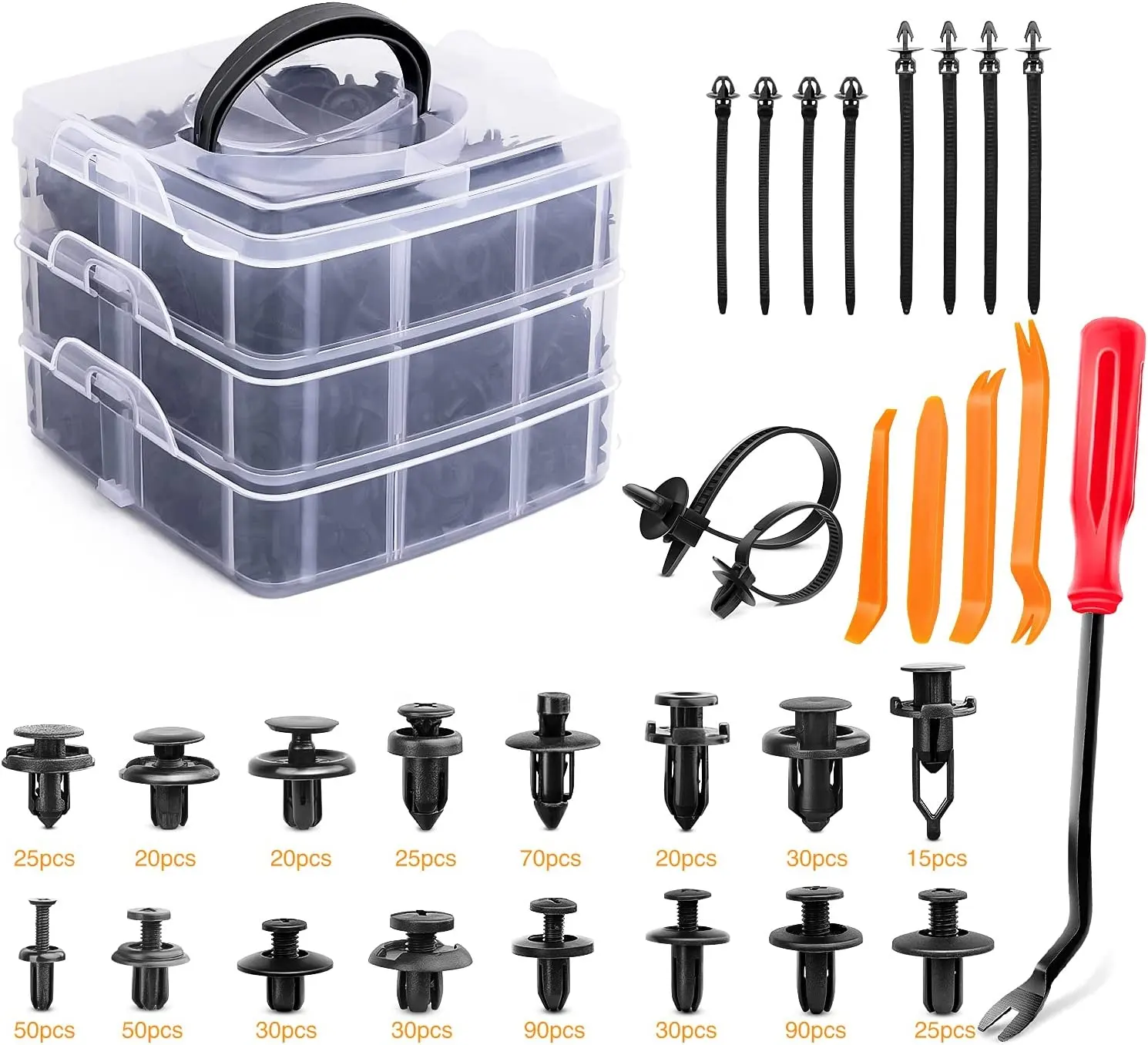 635Pcs Car Push Retainer Clips & Auto Fasteners Assortment -Most Popular Sizes Nylon Bumper Fender Rivets with 10 Cable Ties