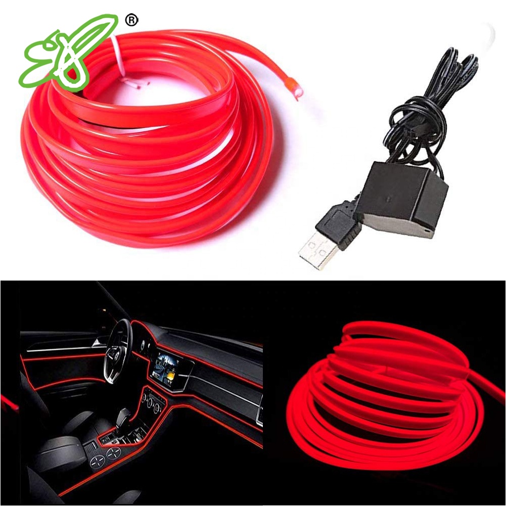 Светодиодная лента EL Wire для салона автомобиля, неоновая USB-проволока для украшения интерьера автомобиля, 3 м/5 м, 5 В, С швейной кромкой 6 мм