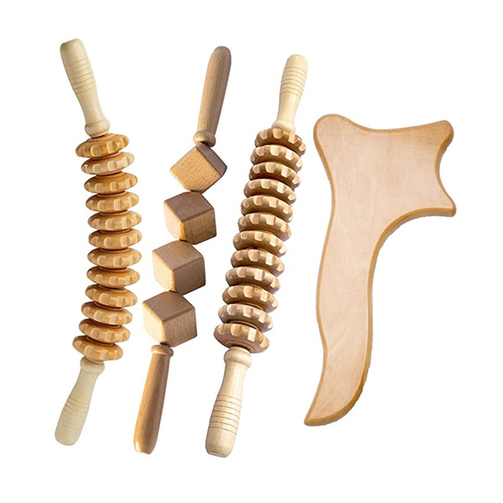 Natural Wood Therapy Massage Tools 4 pcs Set Anti Cellulite Massage Set Wooden Roller Lymphatic Drainage Tool